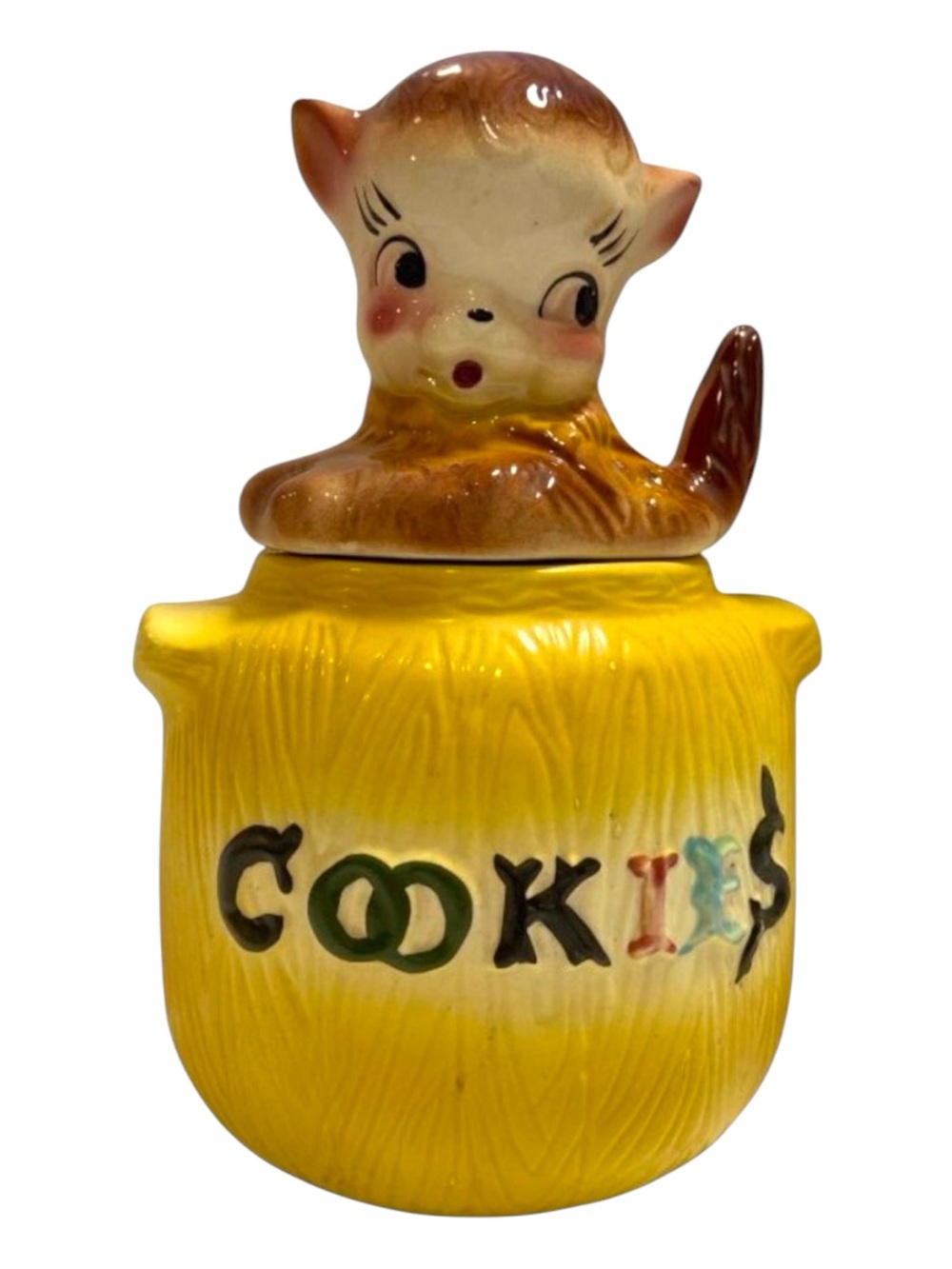 Vintage American Bisque cute Puppy Cookie Jar Yellow & Brown Ceramic made in USA